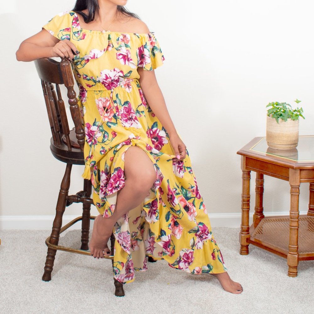Band of Gypsies M Yellow and Pink Floral Button Tied Off Shoulder Viscose Hi-Low